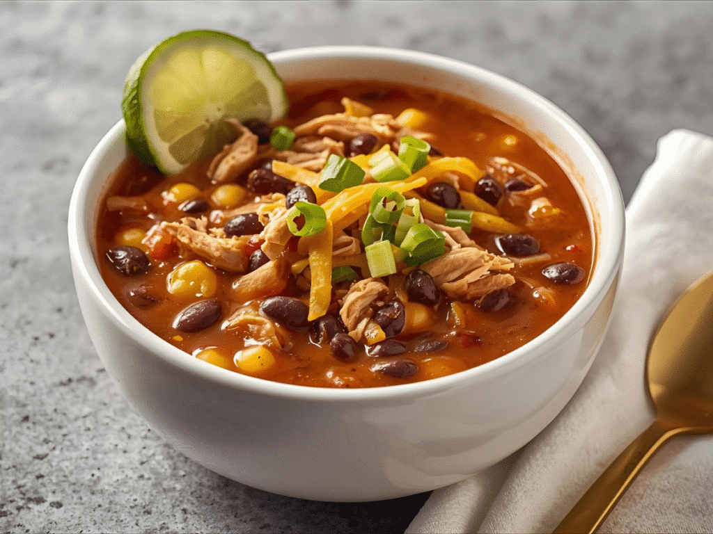 30-minute chicken taco soup topped with cilantro and crushed tortilla chips.