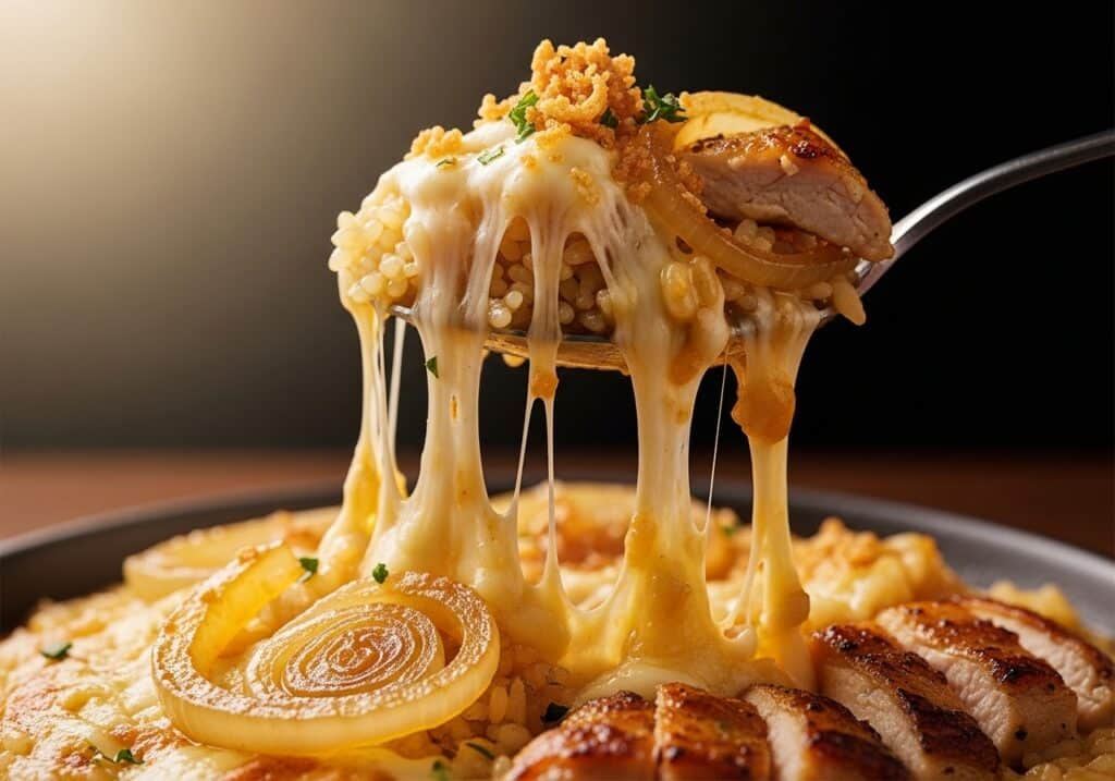Cheesy french onion chicken rice skillet with caramelized onions and thyme;