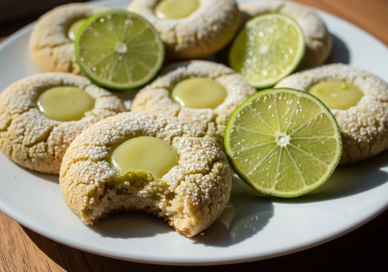 Chilled key lime cookies with creamy filling and graham crumb base, lime zest garnish;