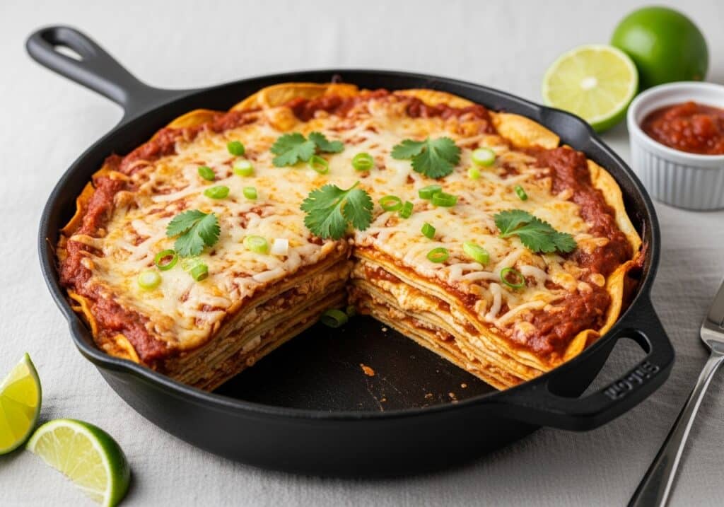 Easy Mexican lasagna recipe with tortillas and enchilada sauce, melty cheese top.