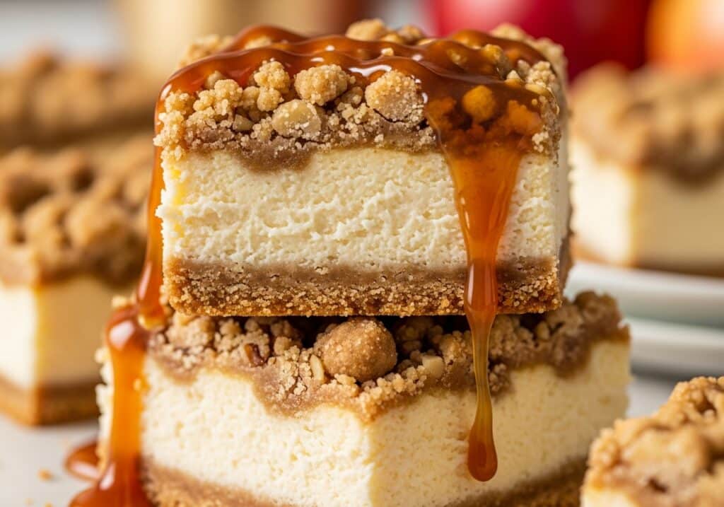 Caramel Apple Cheesecake Bars with graham cracker crust, cinnamon apples, oat crumble, salted caramel.​