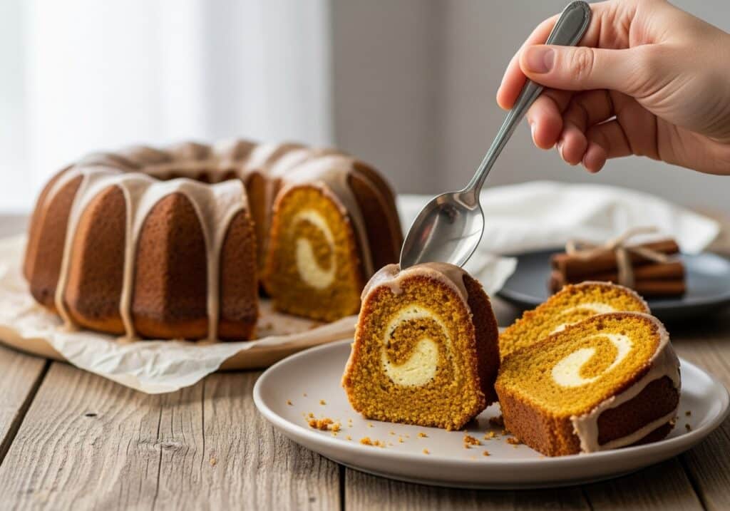 Easy pumpkin bundt cake slice showing creamy center.