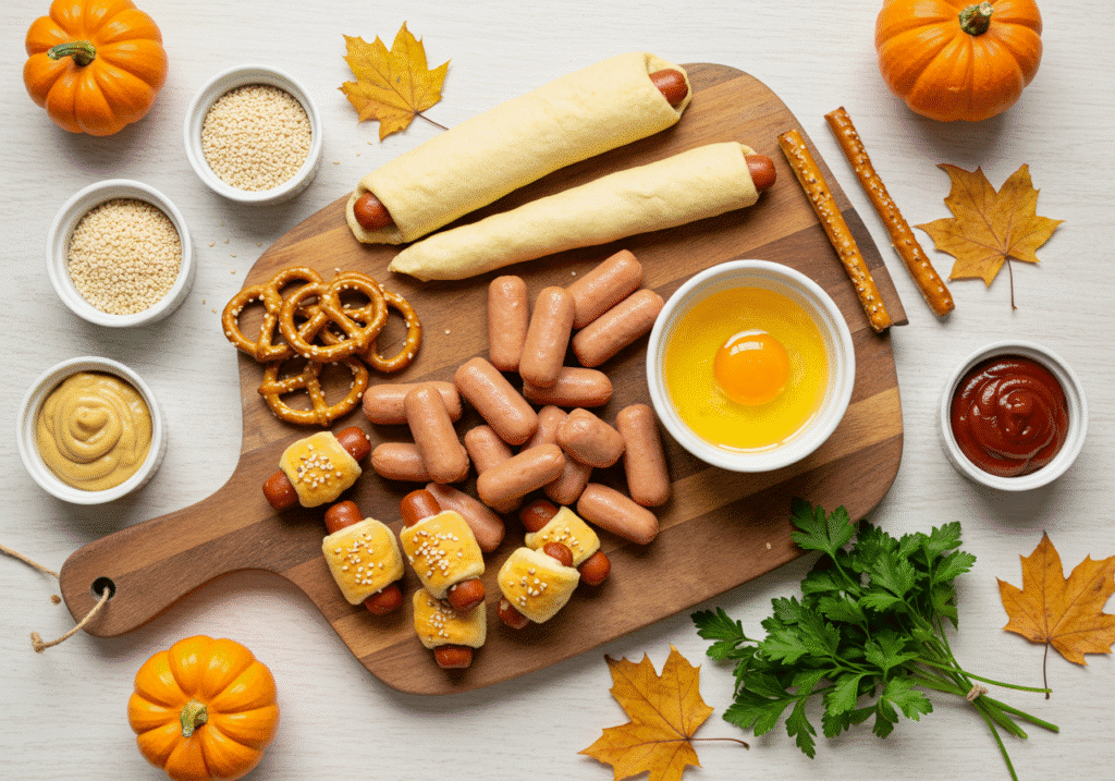 Pumpkin Patch Dogs in a Blanket: Flat lay of ingredients for pizza-stuffed pumpkin bites on white marble: pizza dough, shredded mozzarella, grated Parmesan, mini pepperoni, Italian seasoning, fresh herbs, pretzel sticks, marinara sauce, olive oil.
