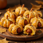 Mini pumpkin pigs in a blanket arranged neatly on a black platter with Halloween pumpkin décor