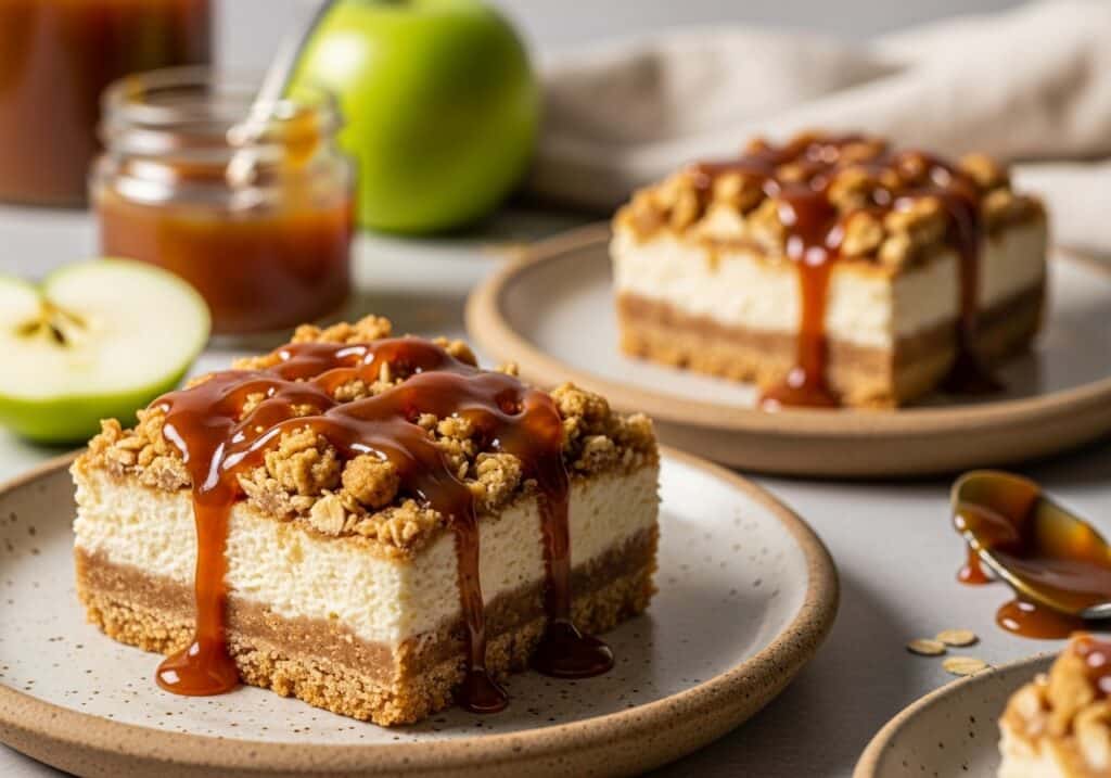 Caramel Apple Cheesecake Bars with oat crumble and caramel drizzle;