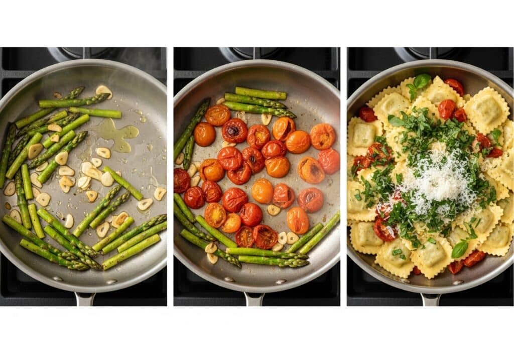 Cooking sequence: sauté asparagus garlic, blister juicy tomatoes, toss with ravioli and herbs, finish with Parmesan​