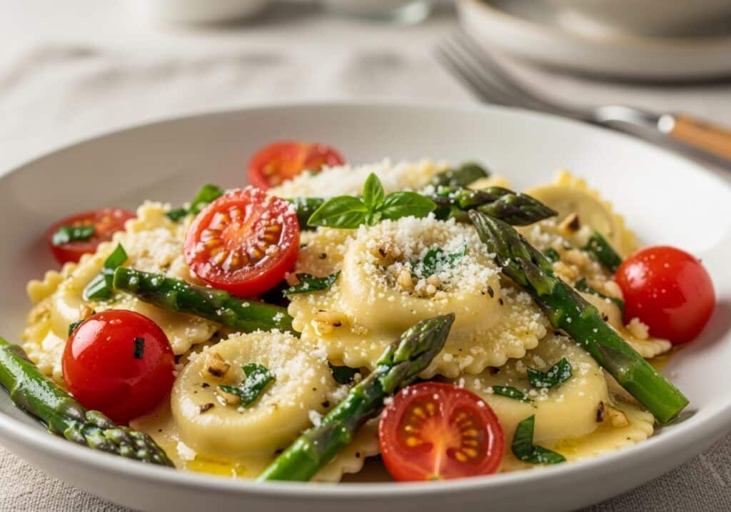 Cheese ravioli with tomatoes and asparagus, asparagus garlic, juicy tomatoes, herbs, Parmesan​