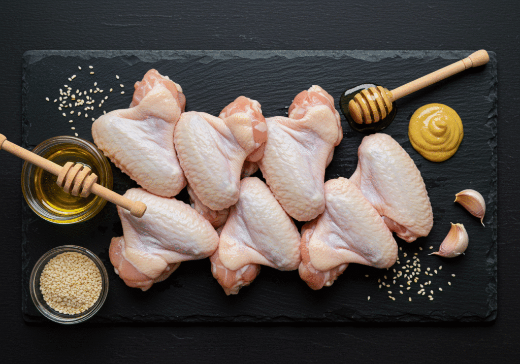 Mustard Chicken Wings: Raw chicken wings, honey jar, mustard jar, garlic cloves, sesame seeds