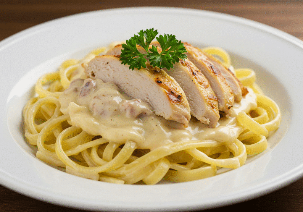 Creamy chicken Alfredo pasta in a bowl, garnished with parsley