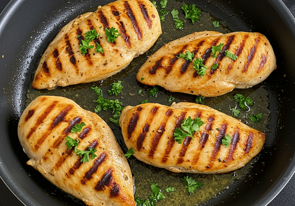 Garlic butter chicken skillet with vegetables, served family-style