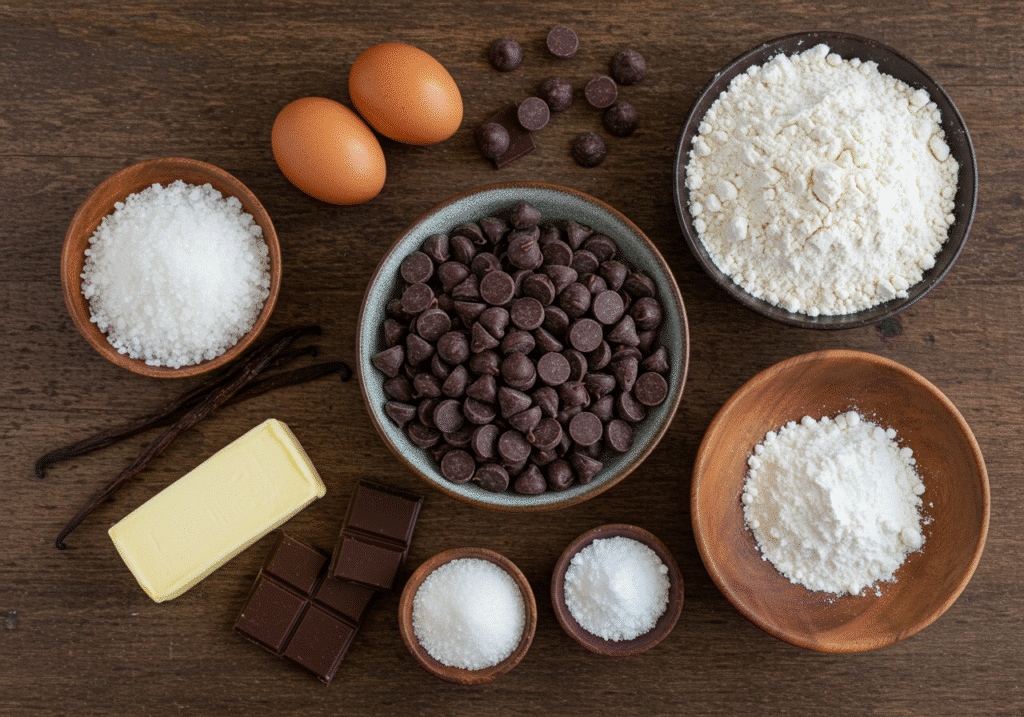 Chocolate chips, flour, butter, eggs arranged neatly