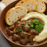 Close-up of slow cooker Crockpot Beef Manhattan with shredded beef in brown gravy over mashed potatoes and toasted garlic bread