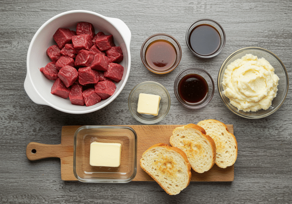Raw ingredients for Crockpot Beef Manhattan including chuck roast, onion soup mix, brown gravy mix, red wine vinegar, mashed potatoes, and garlic toast on wooden board