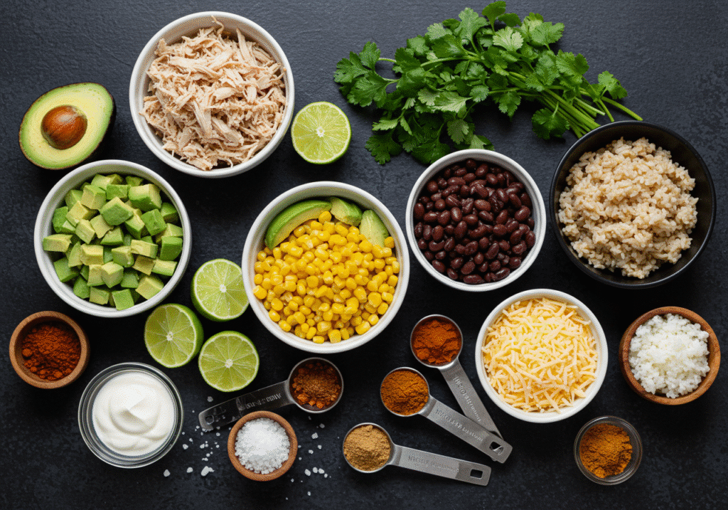 Alt text: Flat-lay of ingredients for Chicken Avocado Burrito Bowl — shredded chicken, avocado, rice, black beans, corn, lime and spices.