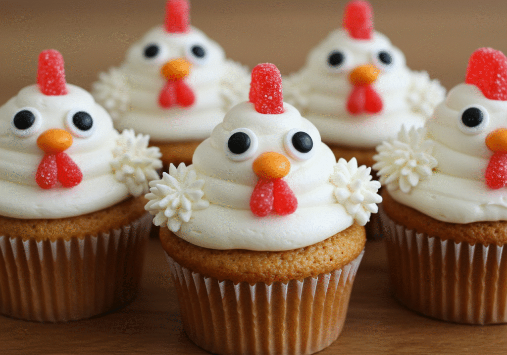 Chicken Cupcakes decorated as chicks for farm parties