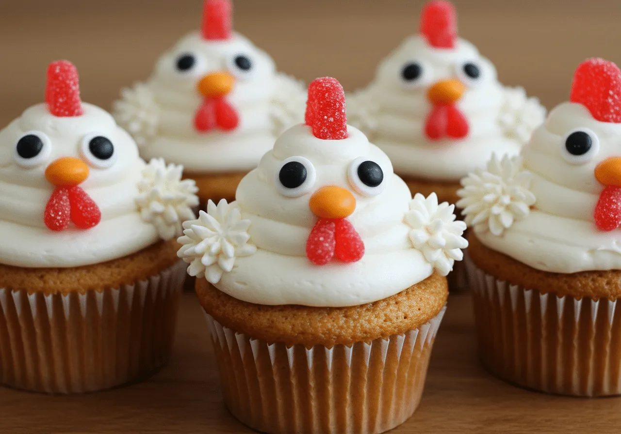 Chicken Cupcakes decorated as chicks for farm parties