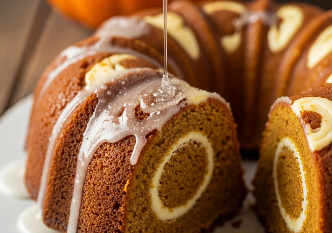 Moist pumpkin bundt cake with cream cheese swirl and glossy glaze on a cake stand.