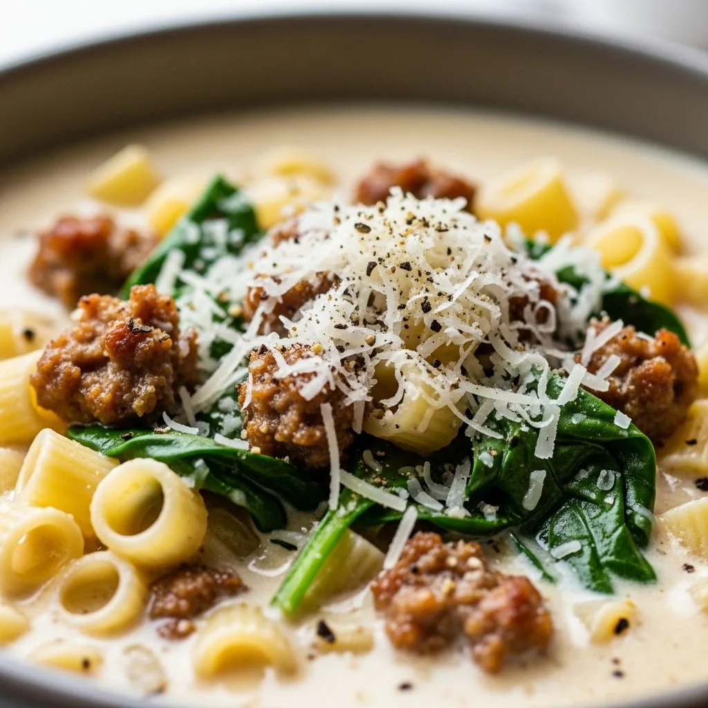 Alt text: Creamy Italian sausage soup with ditalini and Parmesan in a warm ceramic bowl, cozy Italian soup recipe.​