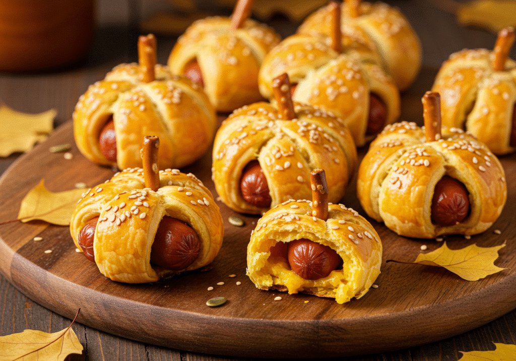 Pumpkin Patch Dogs in a Blanket: Patch Dogs in a Blanket: Patch Dogs in a Blanket:Pizza-stuffed pumpkin bites with golden-brown dough, melted cheese filling, pretzel stick stems on white plate.
