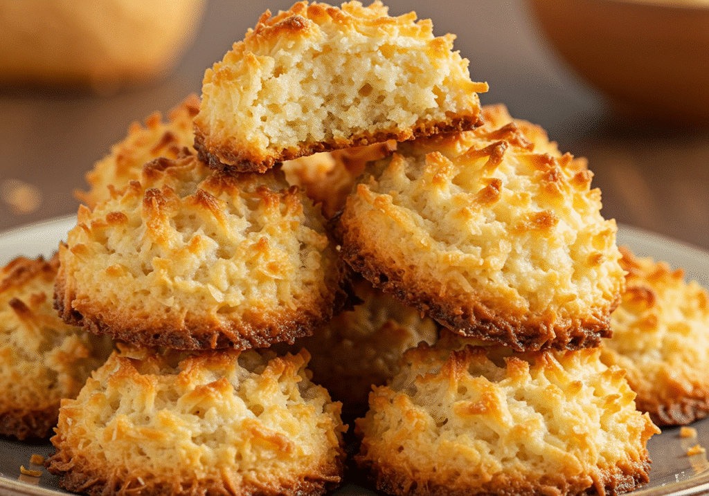 Golden brown coconut macaroons on a rustic plate, drizzled with chocolate, ready to eat