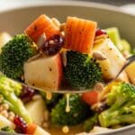 Spoon lifting creamy honeycrisp apple broccoli salad showing apples, broccoli, cranberries, and seeds.