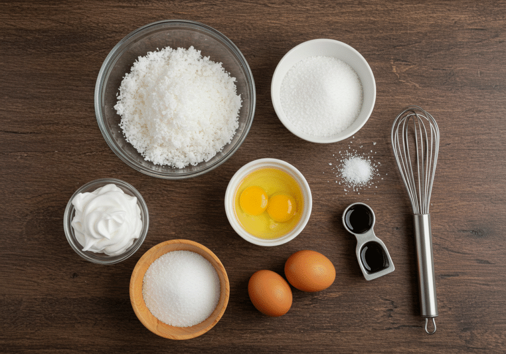 Bowl of shredded coconut, eggs, sugar, and vanilla extract for making coconut macaroons