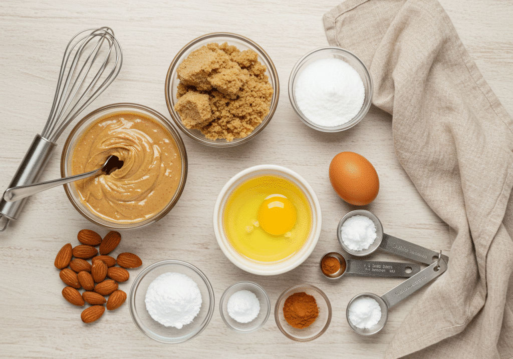 Baking ingredients for Almond Butter Cookies — almond butter, sugar, flour, and vanilla on a wooden counter.