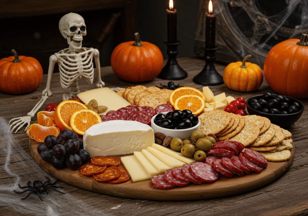 Close-up of Halloween skeleton charcuterie board ingredients including cheeses, deli meats, grapes, orange cubes, pepperoni, crackers, and olives.