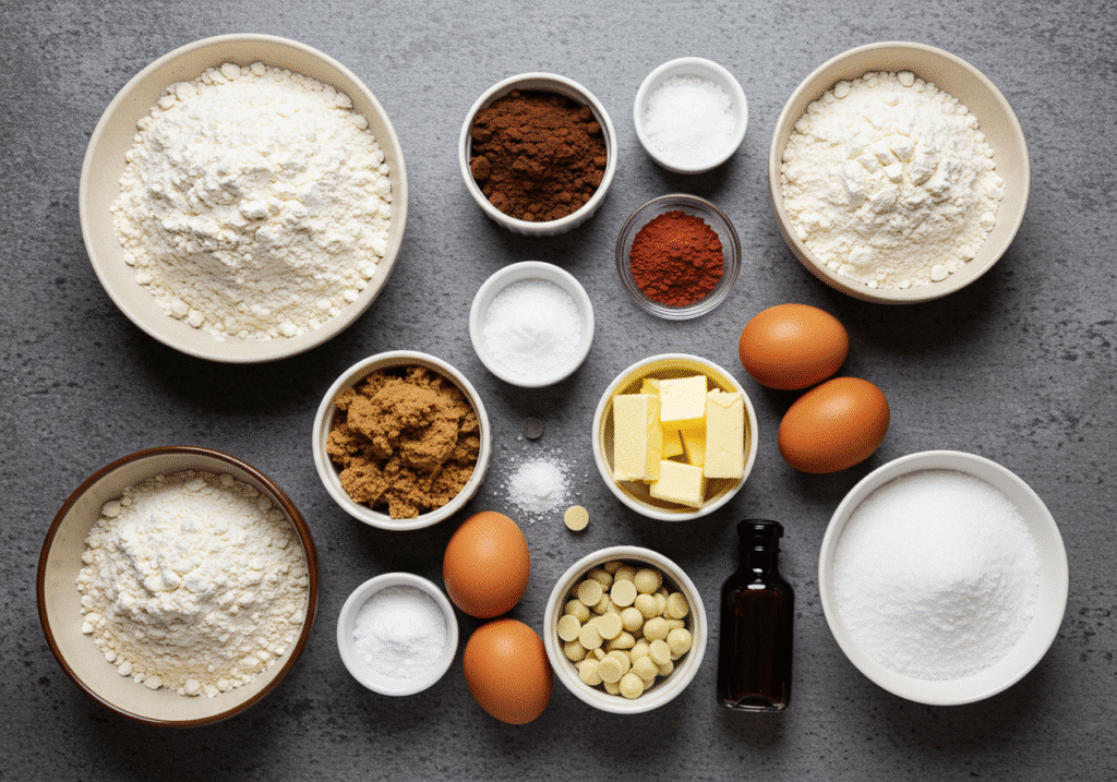 Ingredients for red velvet cookies including cocoa powder, flour, butter, sugar, eggs, and red food coloring arranged on a kitchen counter.