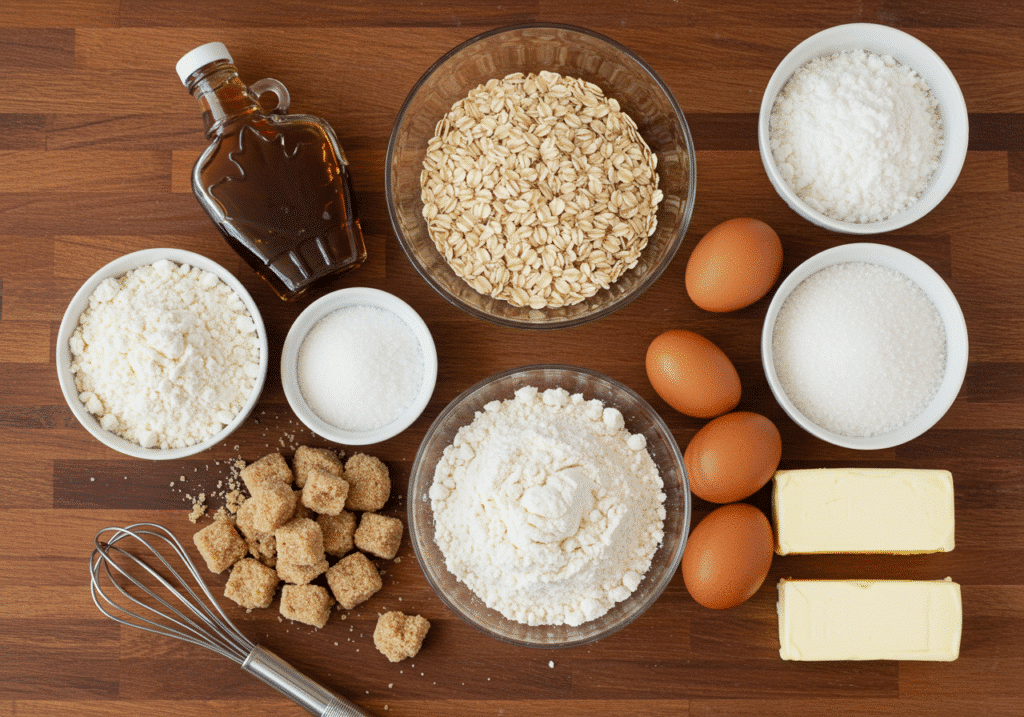 Rolled oats, maple syrup, flour, sugar, butter