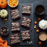 Overhead view of decorated mummy brownies on dark slate with Halloween props