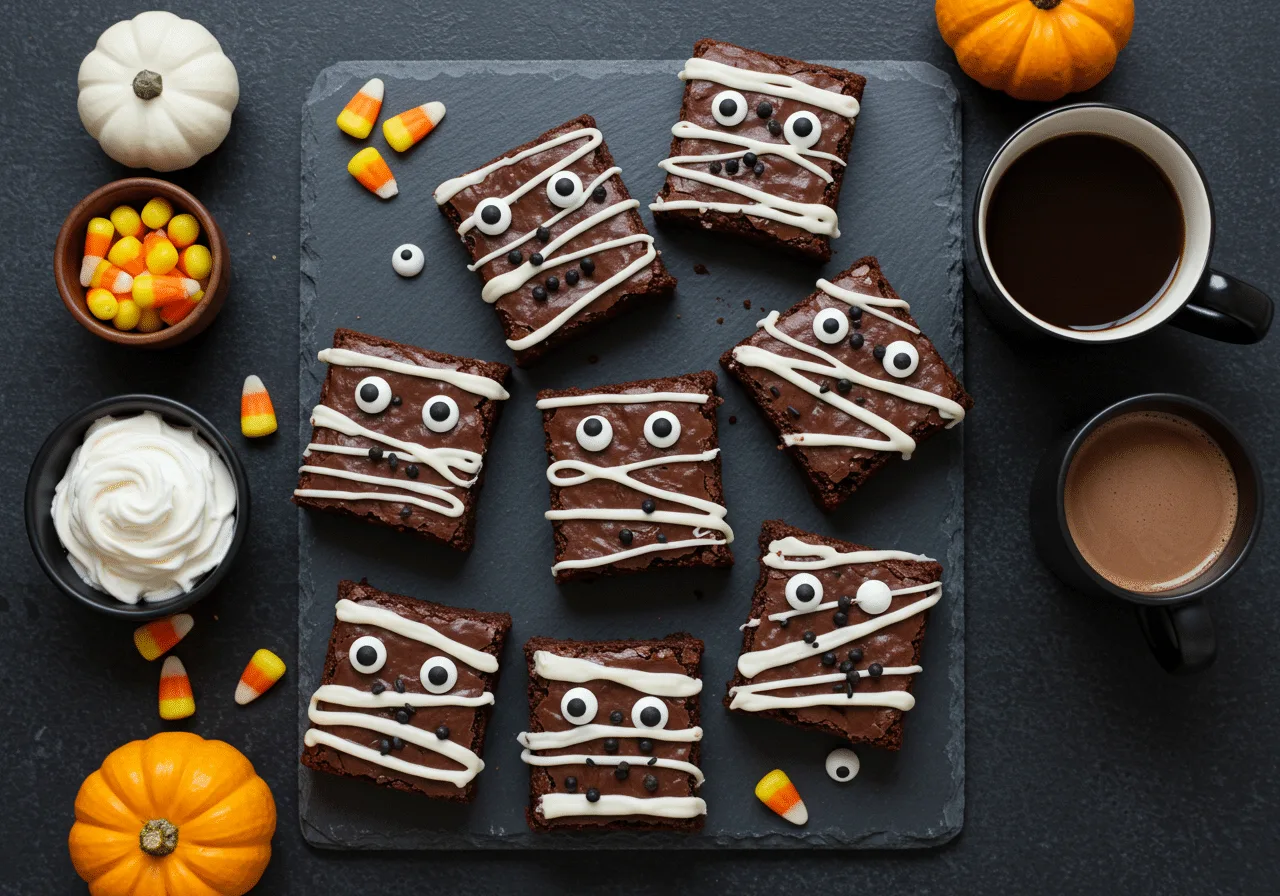Top-down shot of Halloween mummy brownies on a slate board surrounded by festive Halloween decor.