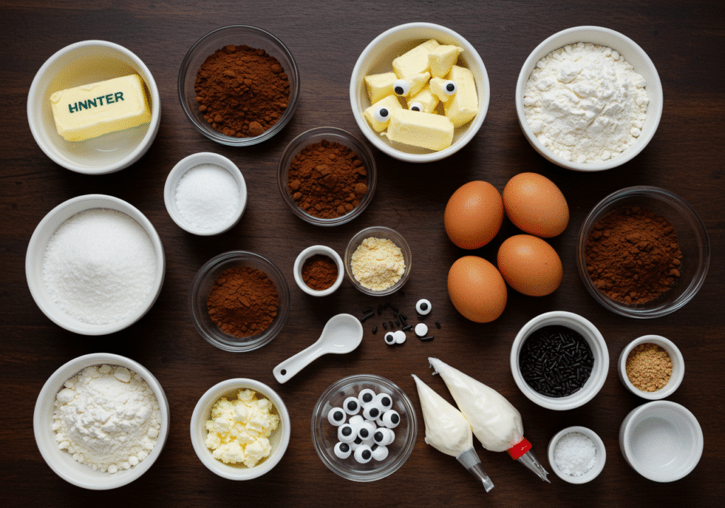 Flat lay of ingredients for Halloween mummy brownies, including butter, sugar, cocoa, flour, eggs, frosting, icing, and candy eyes.