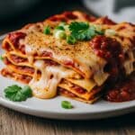 Tex Mex lasagna slice with tortillas, spicy salsa, and golden cheese.