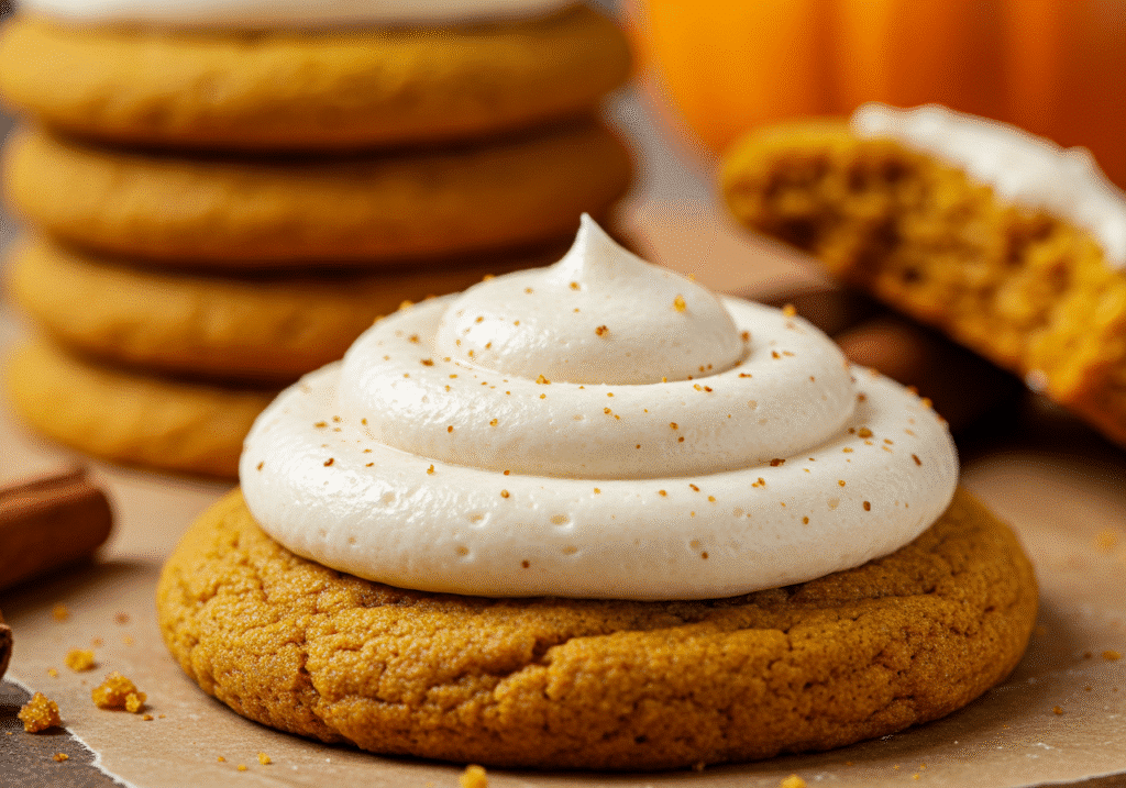 Soft pumpkin cookies with cream cheese frosting, cozy fall dessert, cinnamon and pumpkin pie spice.​