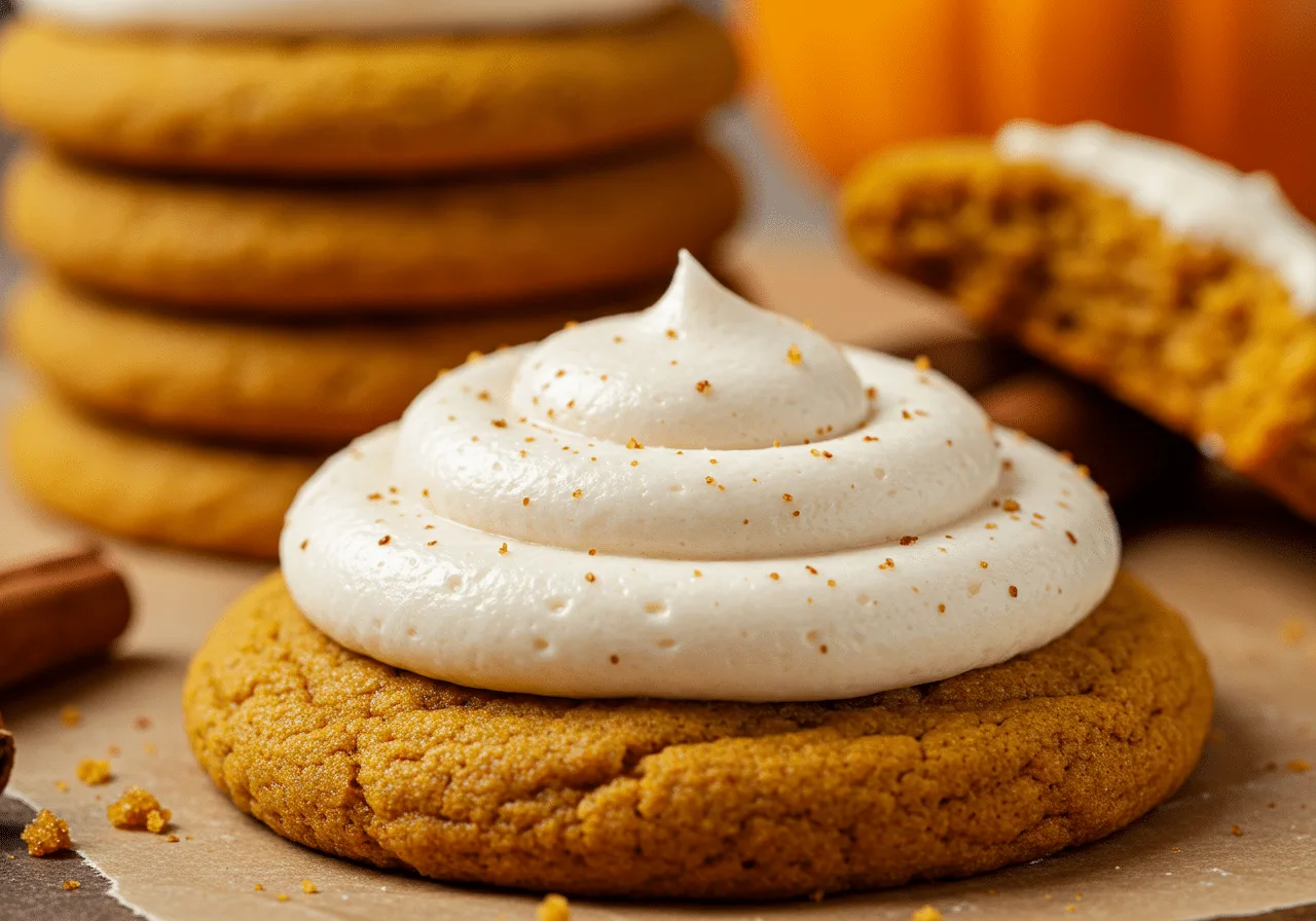 Soft pumpkin cookies with cream cheese frosting, cozy fall dessert, cinnamon and pumpkin pie spice.​