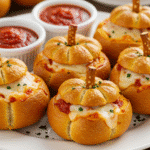 Baked pizza-stuffed pumpkin bites with herb sprinkles and pretzel stems, served on a white plate.
