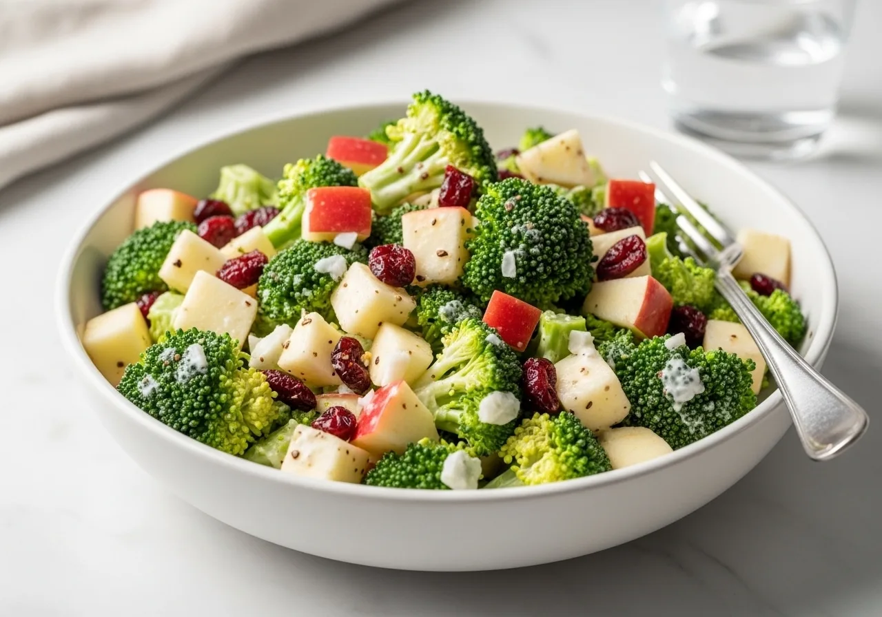 Honeycrisp apple broccoli salad in a white bowl with creamy dressing and cranberries, fresh and crisp.