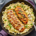 Fettuccine pasta with creamy Alfredo sauce topped with sliced chicken
