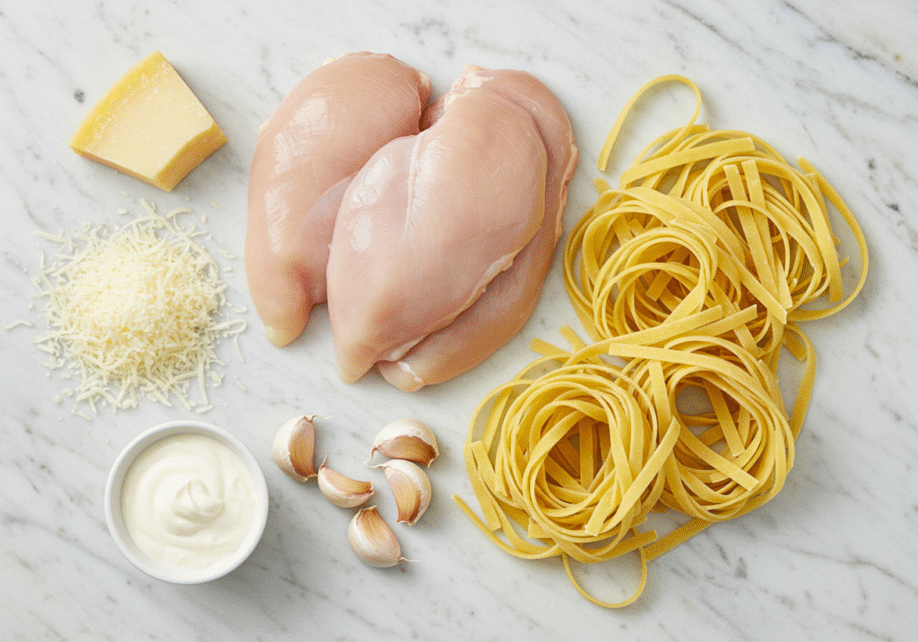 Chicken Alfredo Pasta:Raw chicken breast, fettuccine, parmesan, garlic, cream on marble counter