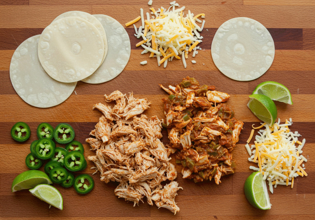 Chicken Taco Cups: Wonton wrappers, shredded chicken, cheddar, jalapeños, lime wedges on rustic table