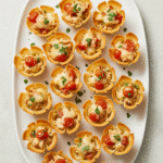 Mini taco cups with chicken, melted cheddar, jalapeños, cilantro
