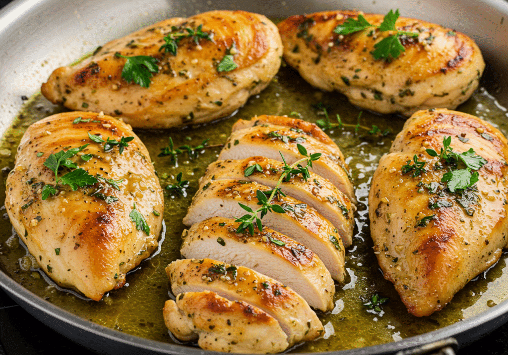 Garlic Butter Chicken Skillet: Golden-brown chicken thighs in garlic butter sauce with herbs