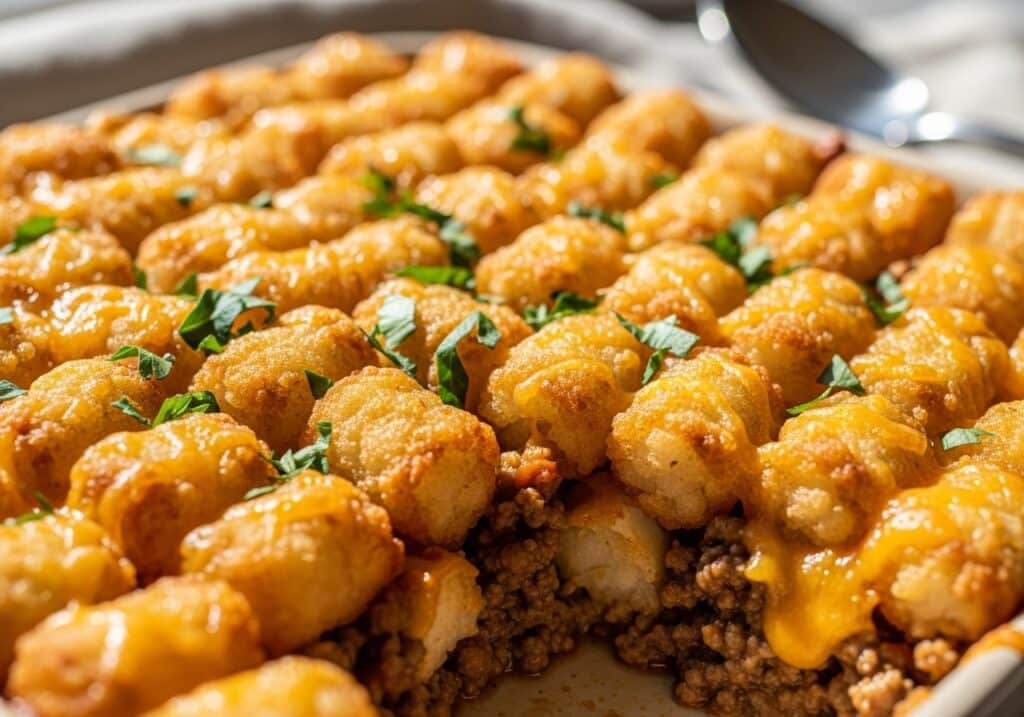 Crispy Tater Tot Casserole with ground beef and melted cheddar in baking dish