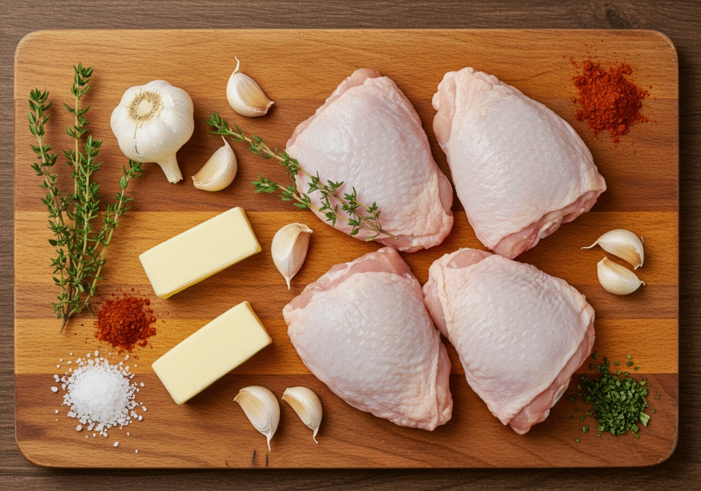 Garlic Butter Chicken Skillet : Raw chicken thighs, butter, garlic cloves, fresh thyme on wooden board