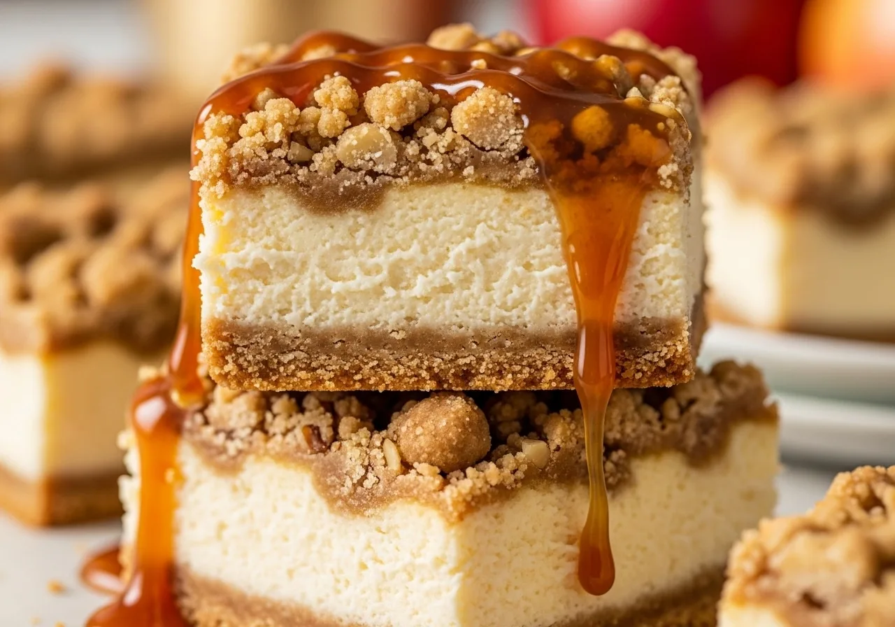 Caramel Apple Cheesecake Bars with graham cracker crust, cinnamon apples, oat crumble, salted caramel.