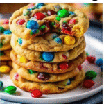 M&M cookie broken to show melted chocolate candies