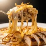 Alt: One-pan chicken and rice with caramelized white onions and crispy onions topping;