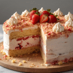 Overhead strawberry shortcake ice cream cake with strawberry crumble top and whipped cream swirls