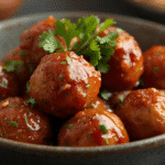 Alt: Oven-baked chicken Parmesan meatballs finished with basil and extra Parmesan​